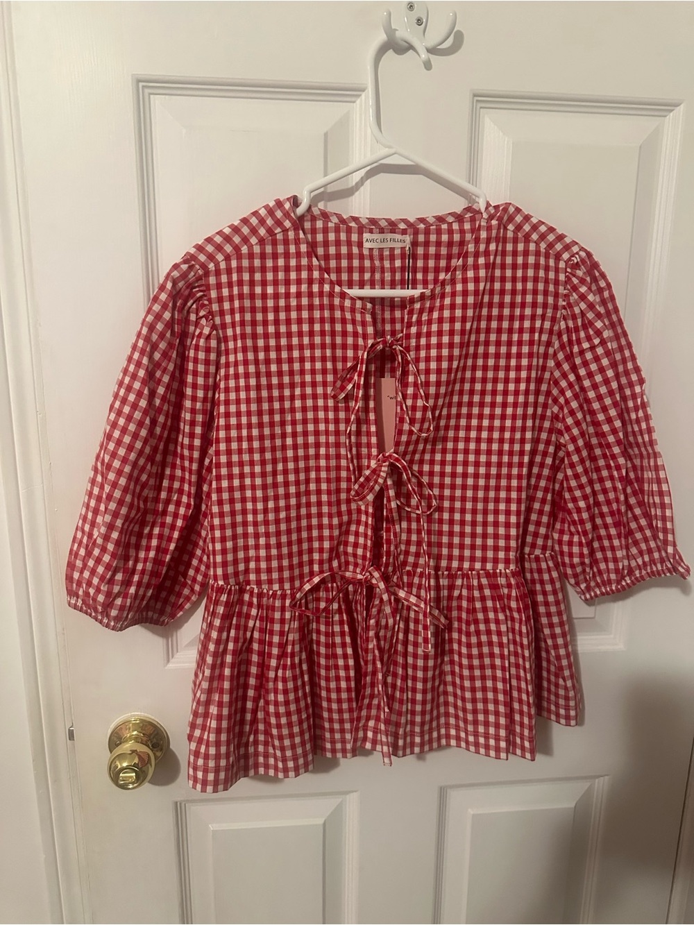 Avec Les Filles Red and White Gingham Tie-Front Blouse